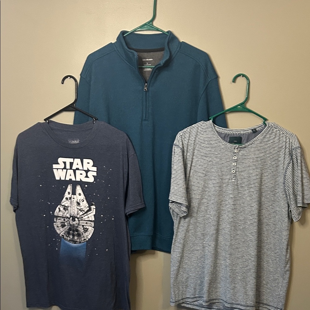 26. 3 piece Men’s large. Van Heusen Men's Teal Zip-Up Sweater and 2 t-shirts